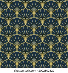 Art Deco Pattern. Seamless geometric vintage decoration. Minimal lines design. Pale yellow on blue background. Roaring twenties motif, scales or fan elements. Square tile vector illustration