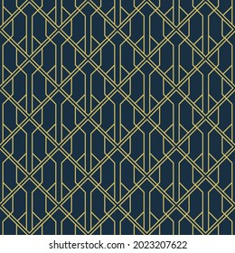 Art Deco Pattern. Seamless Geometric Vintage Decoration. Minimal Lines Design. Pale Yellow On Blue Background. Roaring Twenties Motif. Square Tile Vector Illustration