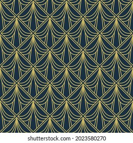 Art Deco Pattern. Seamless geometric vintage decoration. Minimal lines design. Pale yellow on blue background. Roaring twenties motif. Square tile vector illustration. Fanning palm leaf element