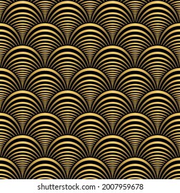 Patrón Art Decó. El dorado y el fondo negro son impecables. Las escalas o cáscaras adornan. Diseño geométrico minimalista. Ornamento de abanderamiento de líneas. Motivos de los años 1920-30. Ilustración vintage de lujo vectorial