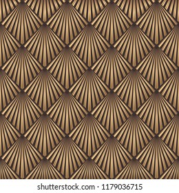 Art-Deco-Muster. Nahtloser goldener Hintergrund. Skaliert geometrisches Design. Vektorillustration-Liniendesign. Motive aus den 1920er und 30er Jahren. Luxuriöse Vintage-Illustration. Reiche Textur