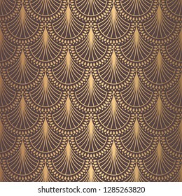 Art Deco Pattern. Seamless golden background. Scales with beads. Minimalistic geometric design. Vector line design. 1920-30s motifs. Luxury vintage illustration