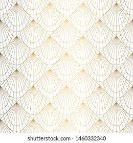 Art Deco Pattern. Seamless white and gold background. Scales or shells ornament. Minimalistic geometric design. Vector lines. 1920-30s motifs. Luxury vintage illustration