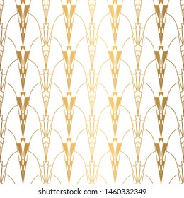 Art Deco Pattern. Seamless white and gold background. Scales or shells ornament. Minimalistic geometric design. Vector lines. 1920-30s motifs. Luxury vintage illustration