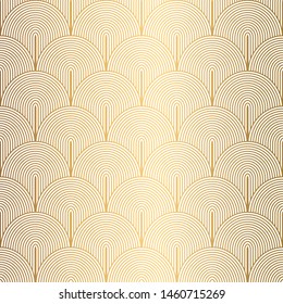 Art Deco Pattern. Seamless white and gold background. Scales or shells ornament. Minimalistic geometric design. Vector lines. 1920-30s motifs. Luxury vintage illustration
