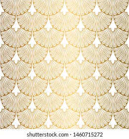 Art Deco Pattern. Seamless white and gold background. Scales or shells ornament. Minimalistic geometric design. Vector lines. 1920-30s motifs. Luxury vintage illustration