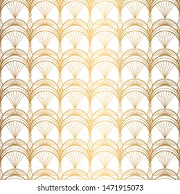 Art Deco Pattern. Seamless white and gold background. Metallic shells or scales lace ornament. Minimalistic geometric design. Steampunk vector lines. 1920-30s motifs. Luxury vintage illustration