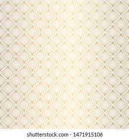 Art Deco Pattern. Seamless white and gold background. Metallic shells or scales lace ornament. Minimalistic geometric design. Steampunk vector lines. 1920-30s motifs. Luxury vintage illustration