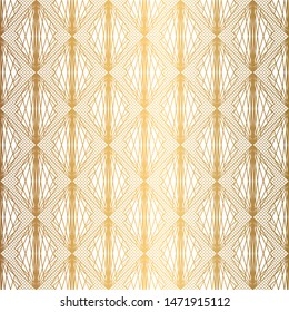 Art Deco Pattern. Seamless white and gold background. Metallic shells or scales lace ornament. Minimalistic geometric design. Steampunk vector lines. 1920-30s motifs. Luxury vintage illustration