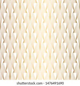 Art Deco Pattern. Seamless white and gold background. Metallic shells or scales lace ornament. Minimalistic geometric design. Elegant vector lines. 1920-30s motifs. Luxury vintage illustration