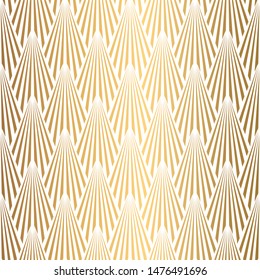 Art Deco Pattern. Seamless white and gold background. Metallic shells or scales lace ornament. Minimalistic geometric design. Elegant vector lines. 1920-30s motifs. Luxury vintage illustration