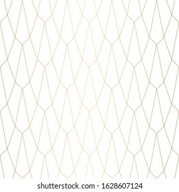 Art Deco Pattern. Seamless white and gold background. Metallic shells or scales lace ornament. Minimalistic geometric design. Vector lines. 1920-30s motifs. Luxury vintage wedding decoration