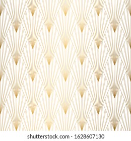 Art Deco Pattern. Seamless white and gold background. Metallic shells or scales lace ornament. Minimalistic geometric design. Vector lines. 1920-30s motifs. Luxury vintage wedding decoration