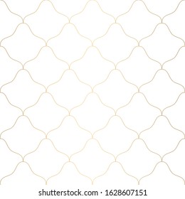 Art Deco Pattern. Seamless white and gold background. Metallic shells or scales lace ornament. Minimalistic geometric design. Vector lines. 1920-30s motifs. Luxury vintage wedding decoration