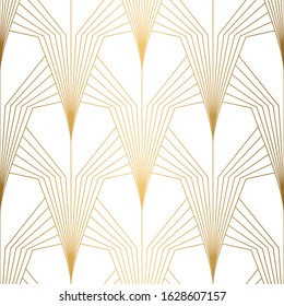 Art Deco Pattern. Seamless white and gold background. Metallic shells or scales lace ornament. Minimalistic geometric design. Vector lines. 1920-30s motifs. Luxury vintage wedding decoration