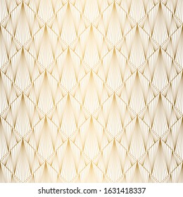 Art Deco Pattern. Seamless white and gold background. Metallic shells or scales lace ornament. Minimalistic geometric design. Vector lines. 1920-30s motifs. Luxury vintage wedding decoration