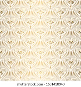 Art Deco Pattern. Seamless white and gold background. Metallic shells or scales lace ornament. Minimalistic geometric design. Vector lines. 1920-30s motifs. Luxury vintage wedding decoration