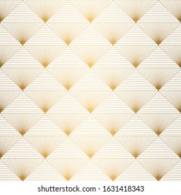 Art Deco Pattern. Seamless white and gold background. Metallic shells or scales lace ornament. Minimalistic geometric design. Vector lines. 1920-30s motifs. Luxury vintage wedding decoration