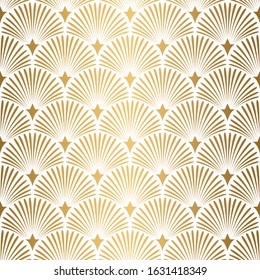 Art Deco Pattern. Seamless white and gold background. Metallic shells or scales lace ornament. Minimalistic geometric design. Vector lines. 1920-30s motifs. Luxury vintage wedding decoration