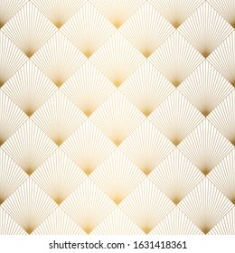 Art Deco Pattern. Seamless white and gold background. Metallic shells or scales lace ornament. Minimalistic geometric design. Vector lines. 1920-30s motifs. Luxury vintage wedding decoration