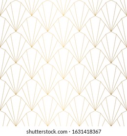 Art Deco Pattern. Seamless white and gold background. Metallic shells or scales lace ornament. Minimalistic geometric design. Vector lines. 1920-30s motifs. Luxury vintage wedding decoration