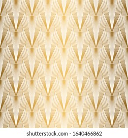 Art Deco Pattern. Seamless white and gold background. Metallic shells or scales lace ornament. Minimalistic geometric design. Vector lines. 1920-30s motifs. Luxury vintage illustration. Wedding ornate