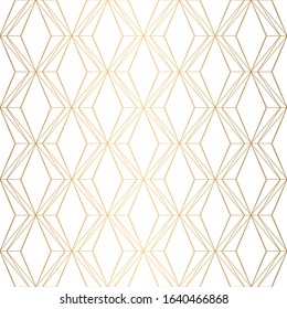 Art Deco Pattern. Seamless white and gold background. Metallic shells or scales lace ornament. Minimalistic geometric design. Vector lines. 1920-30s motifs. Luxury vintage illustration. Wedding ornate