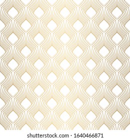 Art Deco Pattern. Seamless white and gold background. Metallic shells or scales lace ornament. Minimalistic geometric design. Vector lines. 1920-30s motifs. Luxury vintage illustration. Wedding ornate