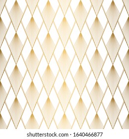 Art Deco Pattern. Seamless white and gold background. Metallic shells or scales lace ornament. Minimalistic geometric design. Vector lines. 1920-30s motifs. Luxury vintage illustration. Wedding ornate