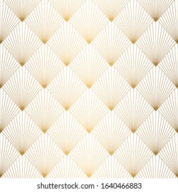 Art Deco Pattern. Seamless white and gold background. Metallic shells or scales lace ornament. Minimalistic geometric design. Vector lines. 1920-30s motifs. Luxury vintage illustration. Wedding ornate