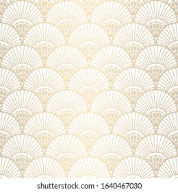 Art Deco Pattern. Seamless white and gold background. Metallic shells or scales lace ornament. Minimalistic geometric design. Vector lines. 1920-30s motifs. Luxury vintage illustration. Wedding ornate