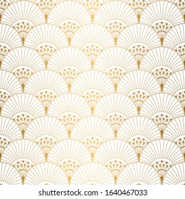 Art Deco Pattern. Seamless white and gold background. Metallic shells or scales lace ornament. Minimalistic geometric design. Vector lines. 1920-30s motifs. Luxury vintage illustration. Wedding ornate