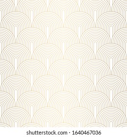 Art Deco Pattern. Seamless white and gold background. Metallic shells or scales lace ornament. Minimalistic geometric design. Vector lines. 1920-30s motifs. Luxury vintage illustration. Wedding ornate