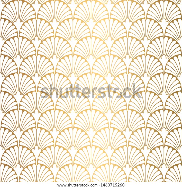 Art Deco Pattern.\
Seamless white and gold background. Scales or shells ornament.\
Minimalistic geometric design. Vector lines. 1920-30s motifs.\
Luxury vintage\
illustration