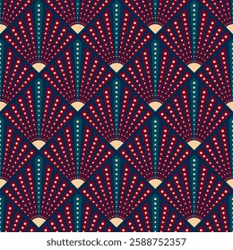 Art deco pattern with symmetrical shapes and dots. Vector illustration of retro art deco design seamless background. Art nouveau print for wallpaper or textile, vintage geometric decoration