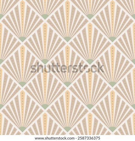 Art deco pattern with symmetrical shapes and dots. Vector illustration of retro art deco design seamless background. Art nouveau print for wallpaper or textile, vintage geometric decoration
