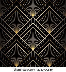 Patrón Art Decó. Fondo vectorial en el estilo de los años 20. Textura negra de oro. Forma del ventilador o de la palma