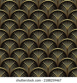 Patrón Art Decó. Fondo vectorial en el estilo de los años 20. Textura negra de oro. Forma del ventilador o de la hoja de palma. Fondo 3D