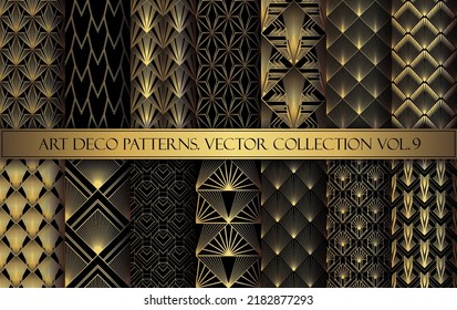 Colección vectorial de patrón Art Deco. El estilo de los años 20 no tiene nada que ver con el paisaje. Textura negra de oro. Forma del ventilador o de la hoja de palma. Ornamentos de lujo de los años 20