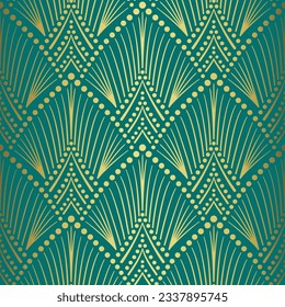 Art Deco pattern vector. Seamless gold and blue background. Luxury turquoise ornament in the 1920s style. 