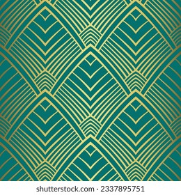 Art Deco pattern vector. Seamless gold and blue background. Luxury turquoise ornament in the 1920s style. 