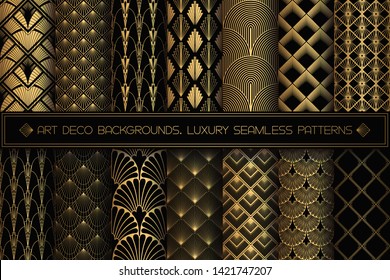 Art Deco Patterns. Seamless black and gold backgrounds set. Metallic shells or scales lace ornament. Minimalistic geometric design. Vector lines. 1920-30s motifs. Luxury vintage gold collection