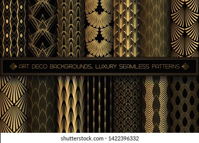 Art Deco Patterns. Seamless black and gold backgrounds set. Metallic shells or scales lace ornament. Minimalistic geometric design. Vector lines. 1920-30s motifs. Luxury vintage gold collection