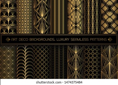 Art Deco Patterns. Seamless black and gold backgrounds set. Metallic shells or scales lace ornament. Minimalistic geometric design. Vector lines. 1920-30s motifs. Luxury vintage gold collection