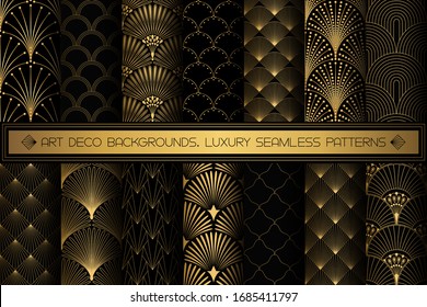 Art Deco Patterns. Seamless black and gold backgrounds set. Metallic shells or scales lace ornament. Minimalistic geometric design. Vector lines. 1920-30s motifs. Luxury vintage gold collection