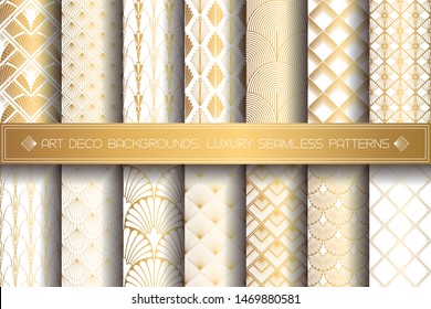 Art Deco Patterns. Seamless gold and white backgrounds set. Metallic shells or scales lace ornament. Minimalistic geometric design. Vector lines. 1920-30s motifs. Luxury vintage golden collection