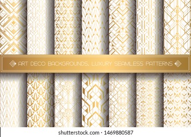 Art Deco Patterns. Seamless gold and white backgrounds set. Metallic shells or scales lace ornament. Minimalistic geometric design. Vector lines. 1920-30s motifs. Luxury vintage golden collection