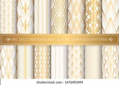 Art Deco Patterns. Seamless gold and white backgrounds set. Metallic shells or scales lace ornament. Minimalistic geometric design. Vector lines. 1920-30s motifs. Luxury vintage golden collection