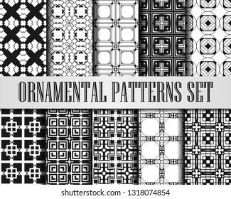 Art Deco Patterns Set. Black and White backgrounds. Fan scales ornaments. Geometric decorative digital papers. Vector line design. 1920-30s motifs. Luxury vintage illustration