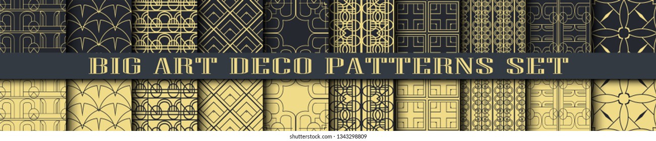 Art Deco Patterns set collection. Golden backgrounds. Fan scales ornaments. Geometric decorative digital papers. 1920-30s motifs. 